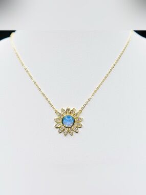 18K Gold Sunflower Pendant Necklace with Blue Opal Center